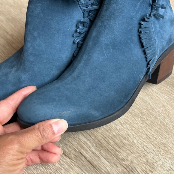 Bueno Cathy Fringed Ankle Booties Blue Suede Leather US 5.5 EU 36 Block Heel - Picture 5 of 8